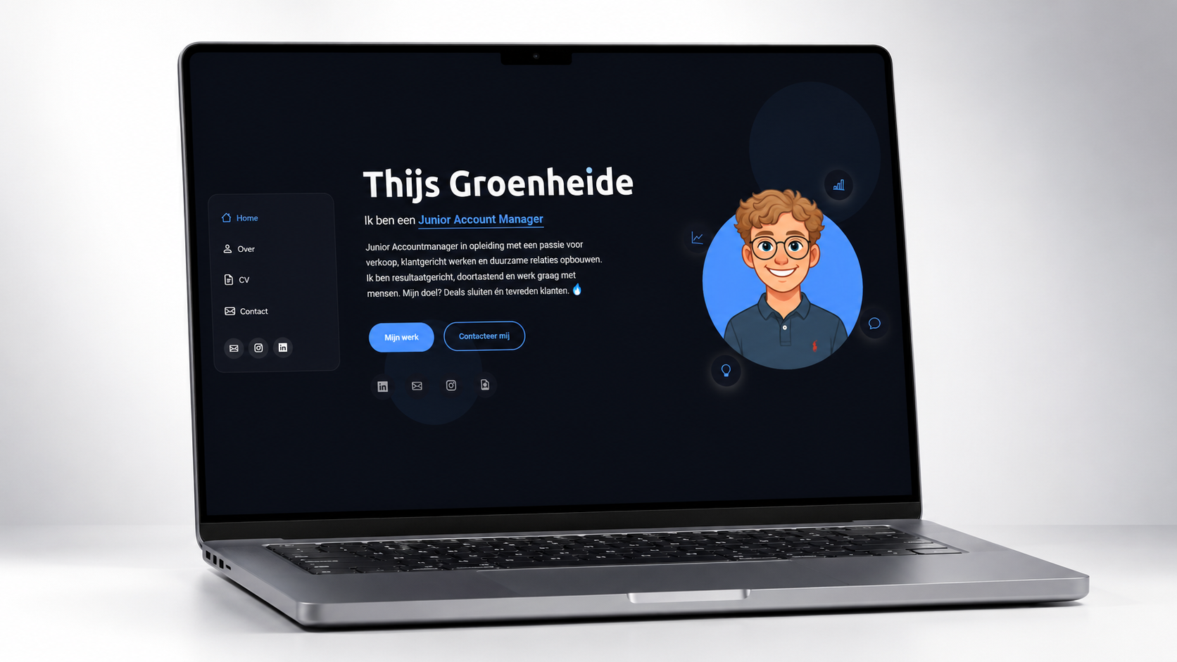 Dark personal portfolio website for Thijs Groenheide shown on a laptop