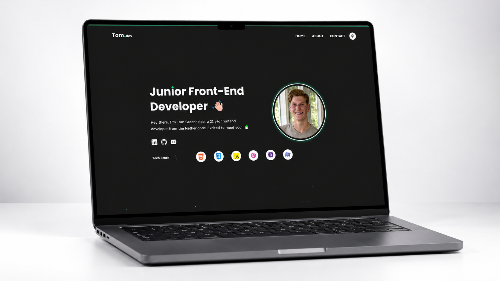 Dark portfolio website for Tom Groenheide shown on a laptop